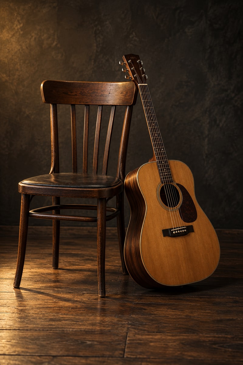 An empty wooden chair beside an acoustic guitar, a symbolic tribute to John